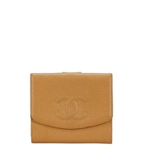 Chanel Coco Mark Double Hook Bifold Wallet Beige Caviar Leather